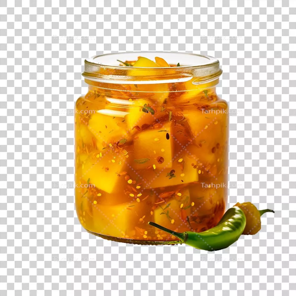 عکس دوربری ترکیب خوشمزه و رنگارنگ ترشی انبه در شیشه شفاف