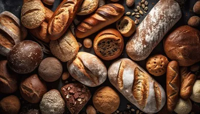 عکس مجموعه ای از نان های خوشمزه بر روی میز چوبی با تم نانوایی