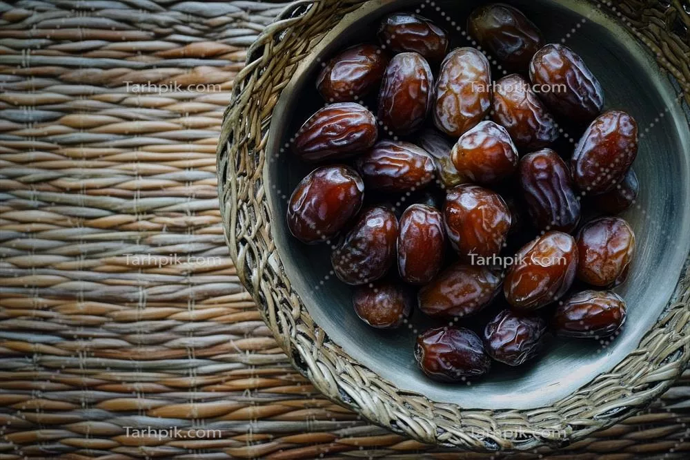 عکس کاسه ای پر از خرما بر روی میزی بافته شده و زیبا