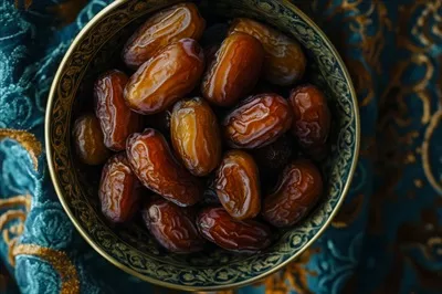 عکس خرماهای خوشمزه در کاسه ای زیبا بر روی زمینه ای آبی