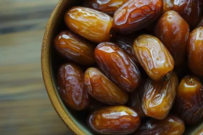 عکس یک کاسه خرما بر روی میز چوبی، نمایی دلنشین و طبیعی