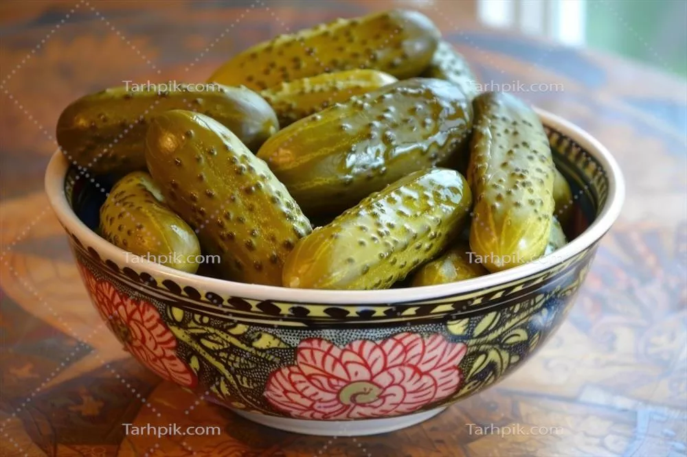 عکس کاسه ای پر از خیارشورهای سبز خوشمزه بر روی میز غذا