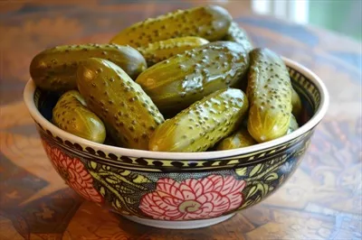 عکس کاسه ای پر از خیارشورهای سبز خوشمزه بر روی میز غذا