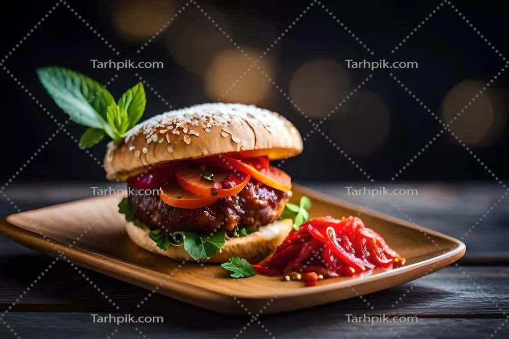 عکس همبرگری خوشمزه با گوجه فرنگی، کاهو و خیارشور روی بشقاب چوبی