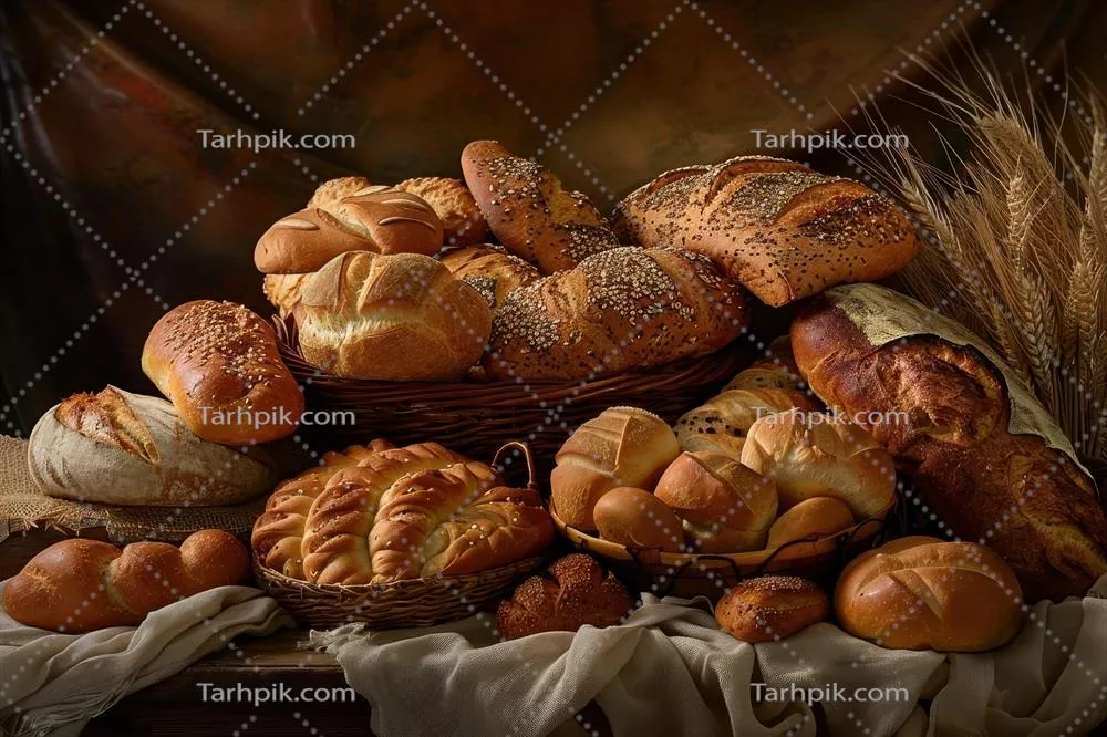 عکس نمایشگاهی از نان های تازه پخته شده بر روی یک میز چوبی روستایی