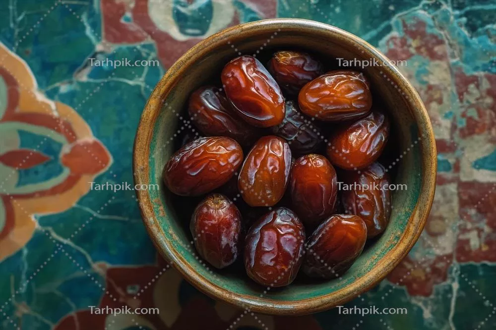 عکس یک کاسه خرما بر روی میزی رنگارنگ و زیبا
