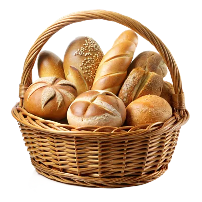 عکس دوربری انواع نان تازه و خوشمزه در سبد بافتنی برای صبحانه