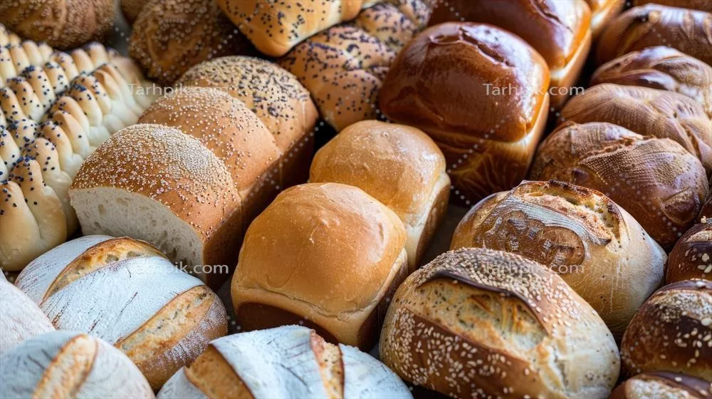 عکس محصولات نانوایی متنوع تولید شده با هوش مصنوعی شامل نان و نان های گرد