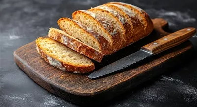 عکس نان تازه برش خورده بر روی تخته چوبی با چاقو آماده سرو در آشپزخانه