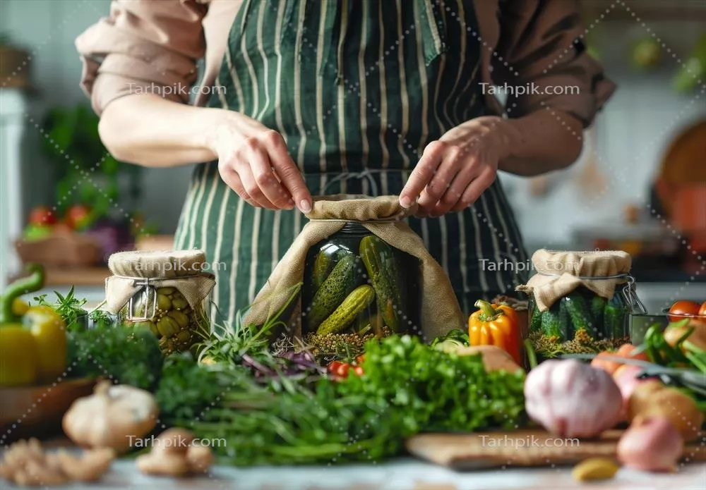 عکس زنی که در حال قرار دادن خیارشور در شیشه ها است و لحظه ای زیبا را رقم می زند