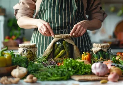 عکس زنی که در حال قرار دادن خیارشور در شیشه ها است و لحظه ای زیبا را رقم می زند