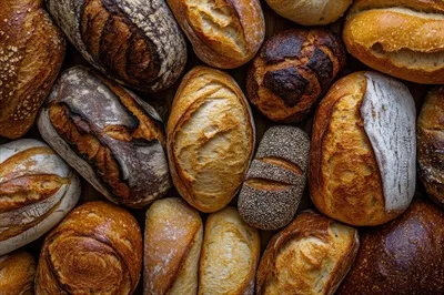عکس تنوع نان ها به عنوان پس زمینه ای گرم و بافت دار در عکاسی