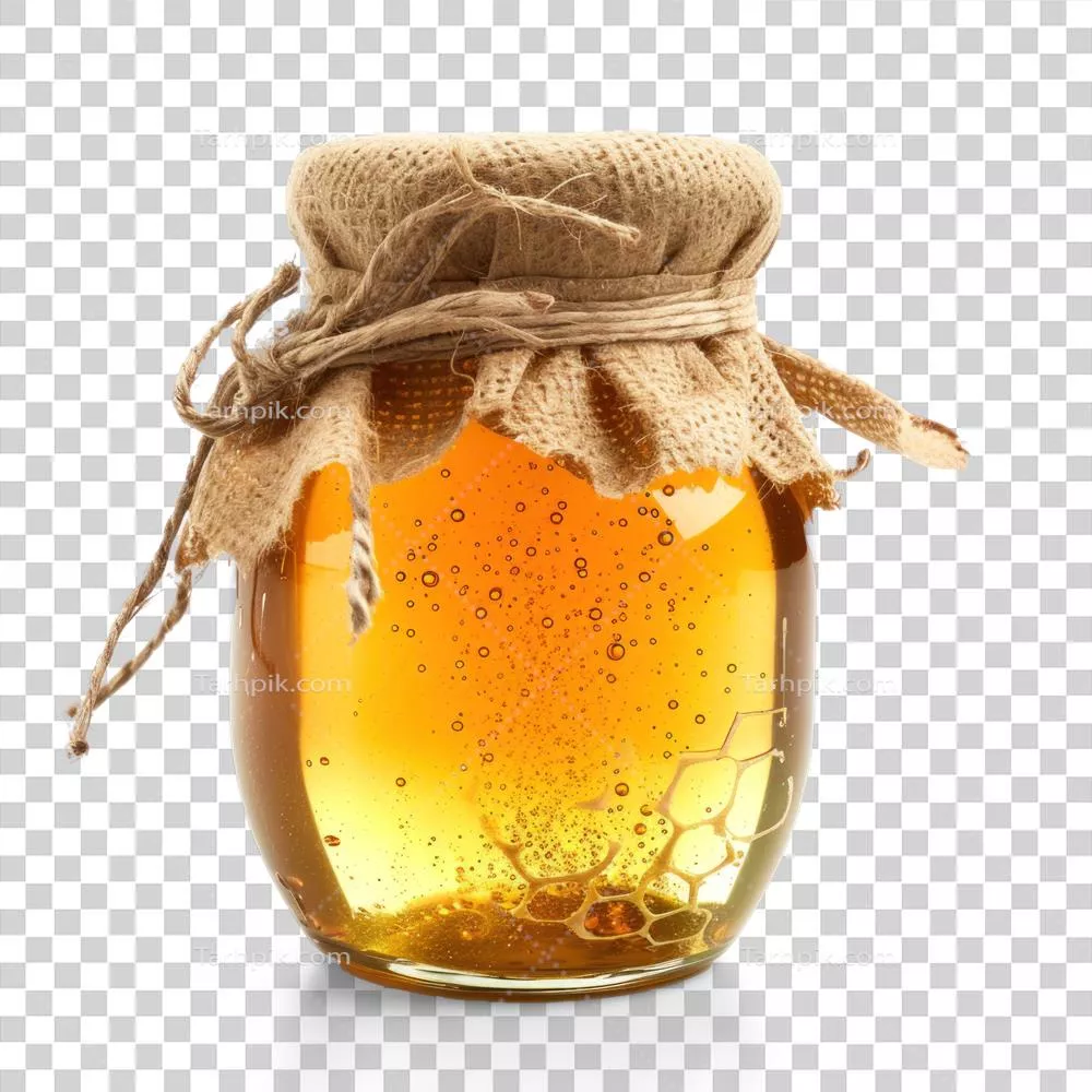عکس دوربری عکس شفاف از یک شیشه عسل با درب روی پس زمینه شفاف