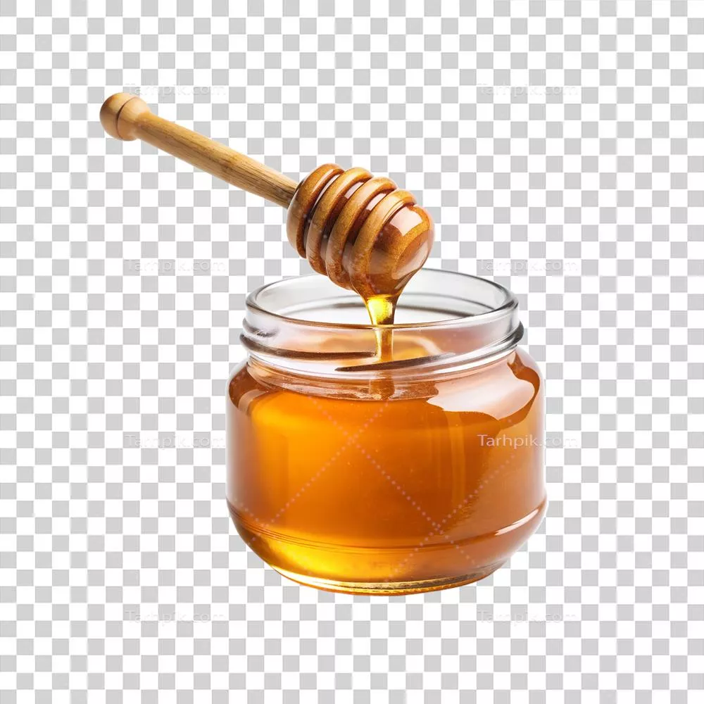 عکس دوربری عسل در شیشه و قاشق: نمایی زیبا از طعم طبیعی و شیرین