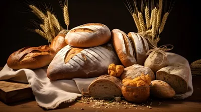 عکس مجموعه نان های تازه پخته شده در کنار خوشه های گندم بر روی میز چوبی