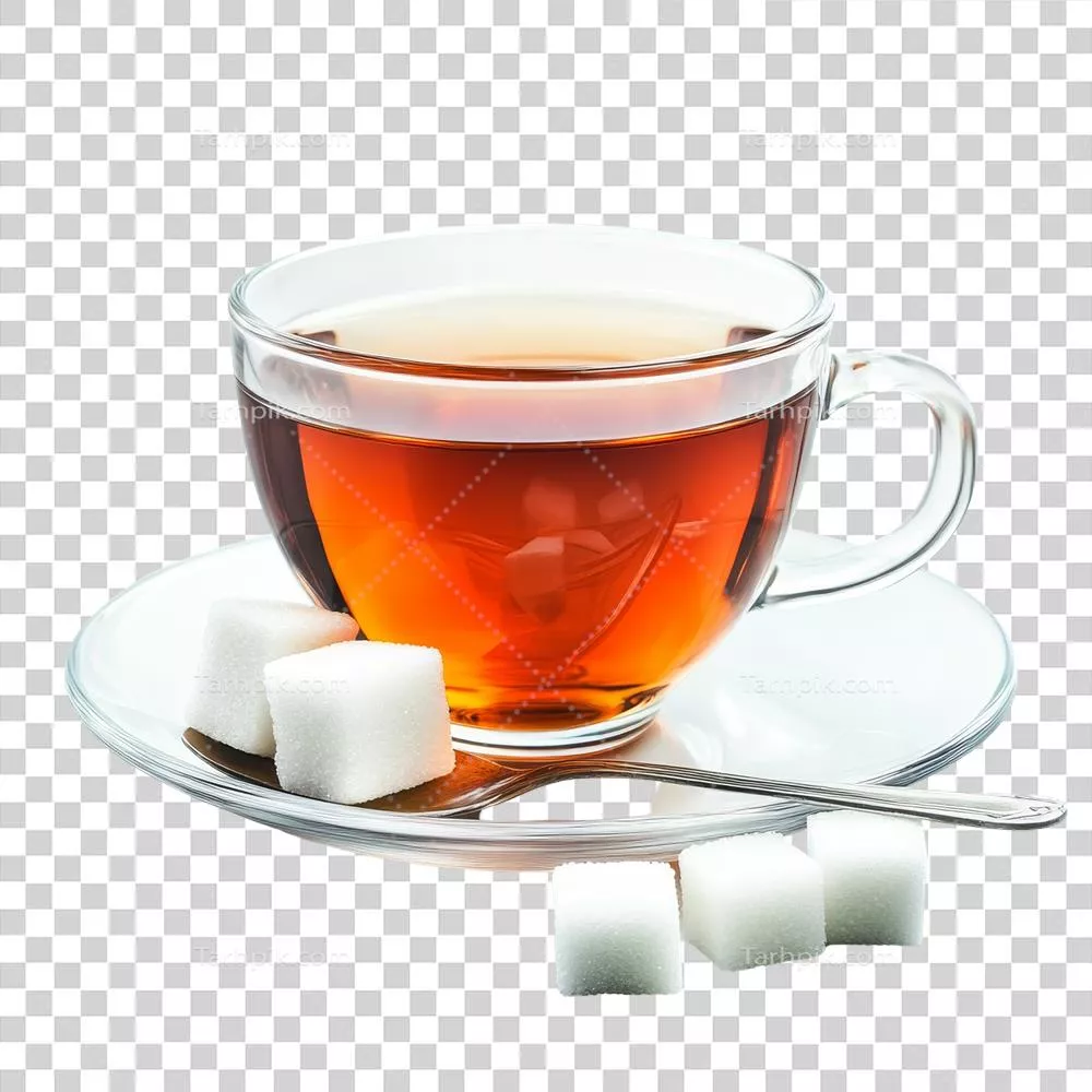 عکس دوربری فنجان شیشه ای چای داغ با قندهای زیبا در پس زمینه شفاف
