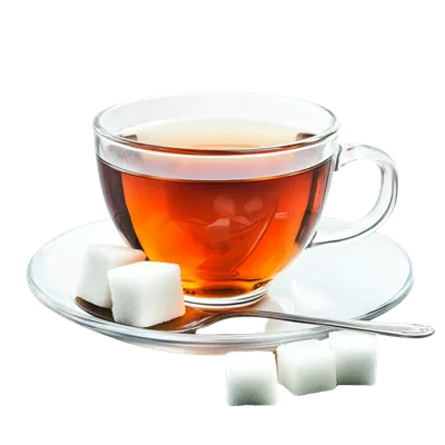 عکس دوربری فنجان شیشه ای چای داغ با قندهای زیبا در پس زمینه شفاف