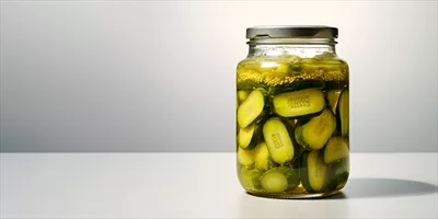 عکس خیار شور خوشمزه در شیشه شفاف با پس زمینه سفید و فضای خالی