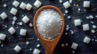عکس قاشق چوبی پر از شکر دانه ای در کنار مکعب های شکر بر روی سطح تیره