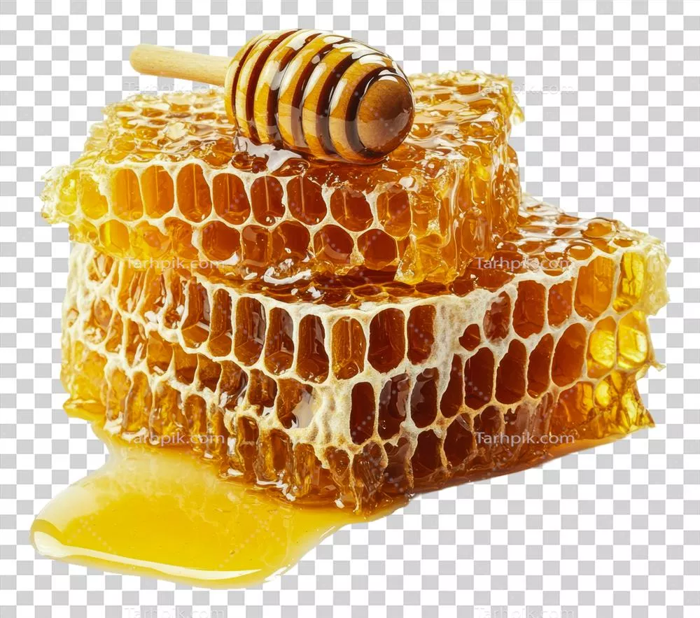 عکس دوربری عسل در حال چکیدن بر روی لانه زنبوری با طراحی زیبا و جذاب
