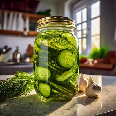 عکس شیشه ای پر از ترشی خانگی با خیار، شوید و سیر روی کانتر آشپزخانه