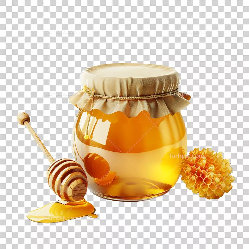 عکس دوربری عکس هنری از یک شیشه عسل با قاشق چوبی و موم عسل در کنار آن