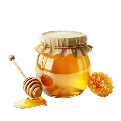 عکس دوربری عکس هنری از یک شیشه عسل با قاشق چوبی و موم عسل در کنار آن