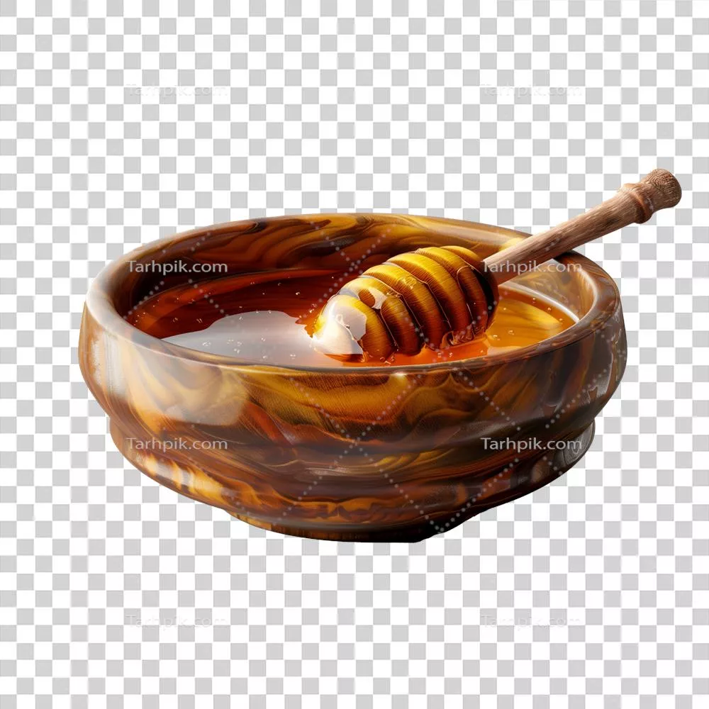 عکس دوربری تصویری زیبا از یک کاسه عسل با قاشق چوبی درون آن