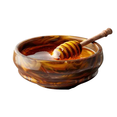 عکس دوربری تصویری زیبا از یک کاسه عسل با قاشق چوبی درون آن