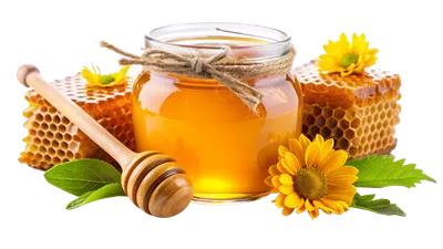 عکس دوربری عسل طبیعی در شیشه با قاشق چوبی و گل های زرد زیبا