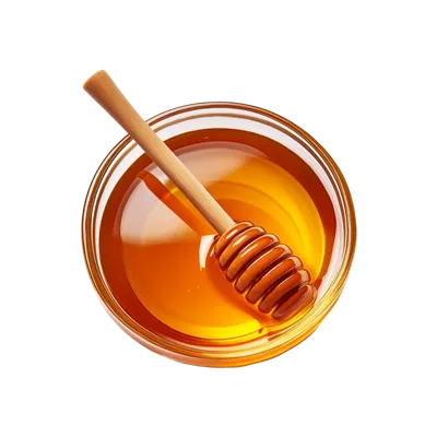 عکس دوربری کاسه شیشه ای عسل با قاشق عسل بر روی پس زمینه شفاف