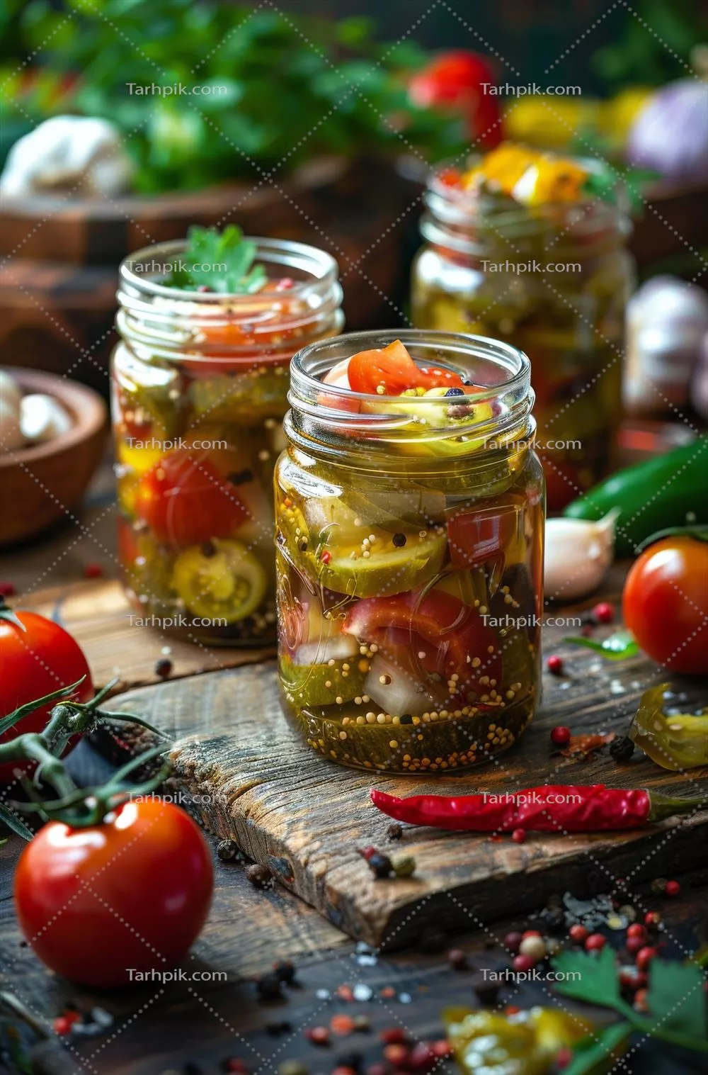 عکس ترشیجات خانگی در شیشه های زیبا بر روی میز چوبی