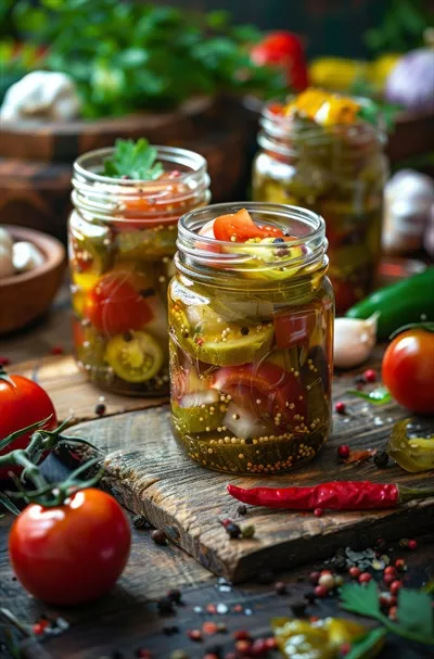 عکس ترشیجات خانگی در شیشه های زیبا بر روی میز چوبی