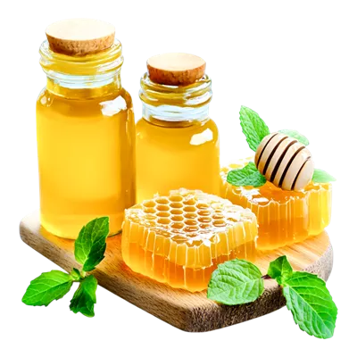 عکس دوربری عسل تازه در بطری های شیک با ترکیب موم و نعناع بر روی سطح چوبی