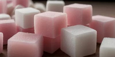 عکس تصویری نزدیک از مکعب های قند رنگی صورتی و سفید با تنوع زیبا