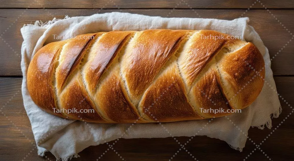 عکس نان بافت دار تازه پخته شده در حال استراحت بر روی پارچه ای در یک محیط چوبی روستایی