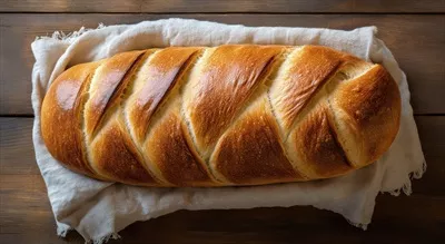عکس نان بافت دار تازه پخته شده در حال استراحت بر روی پارچه ای در یک محیط چوبی روستایی