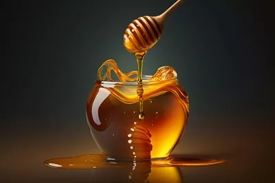 عکس تصویری زیبا از قاشق عسل با عسل در حال چکیدن برای زنبورداران