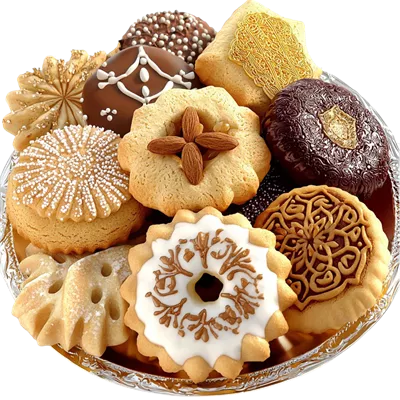 عکس دوربری ترکیب متنوعی از شیرینی ها و کلوچه ها در یک کاسه زیبا