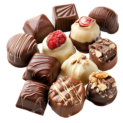 عکس دوربری مجموعه ای از شکلات ها و شیرینی های خوشمزه و رنگارنگ