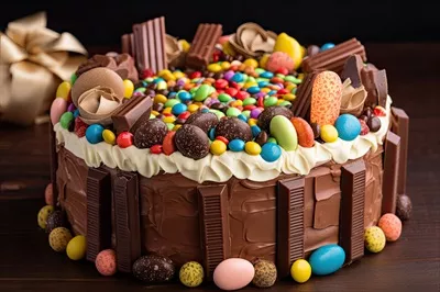 عکس کیک عید پاک با تخم مرغ های شکلاتی و شیرینی های رنگارنگ بر روی پس زمینه چوبی تیره