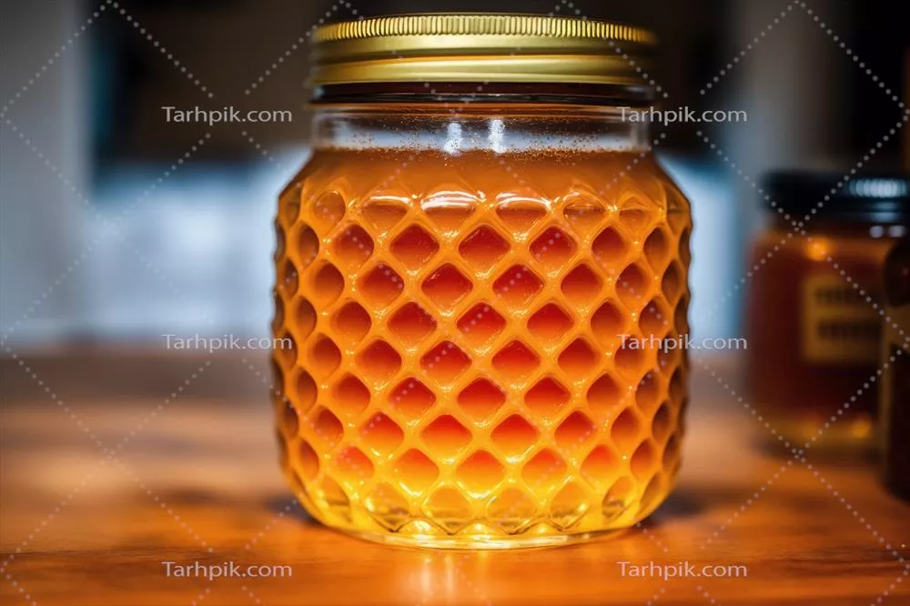 عکس عسل در شیشه شفاف روی پس زمینه چوبی: نماد سلامتی و طعم طبیعی