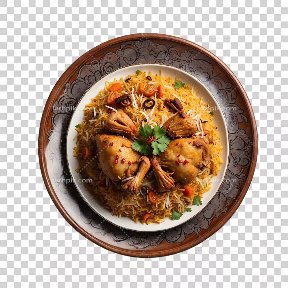 عکس دوربری عکسی جذاب از برنج بریانی مرغ در ظرف سنتی با نمایی از بالا