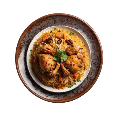 عکس دوربری عکسی جذاب از برنج بریانی مرغ در ظرف سنتی با نمایی از بالا