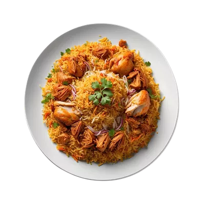 عکس دوربری عکسی زیبا و جذاب از برنج مرغی خوشمزه در ظرف سفید
