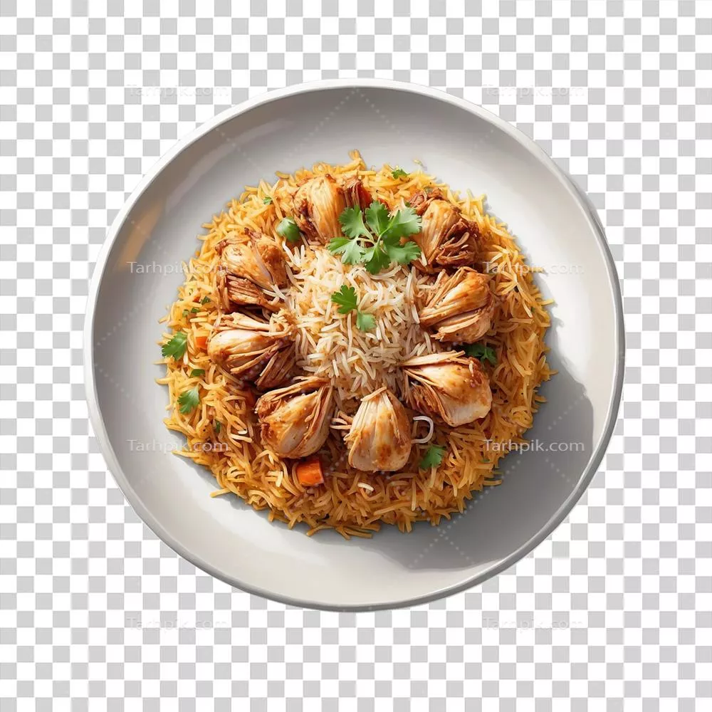 عکس دوربری تصویری زیبا از برنج بریانی مرغ در یک بشقاب سفید و تمیز