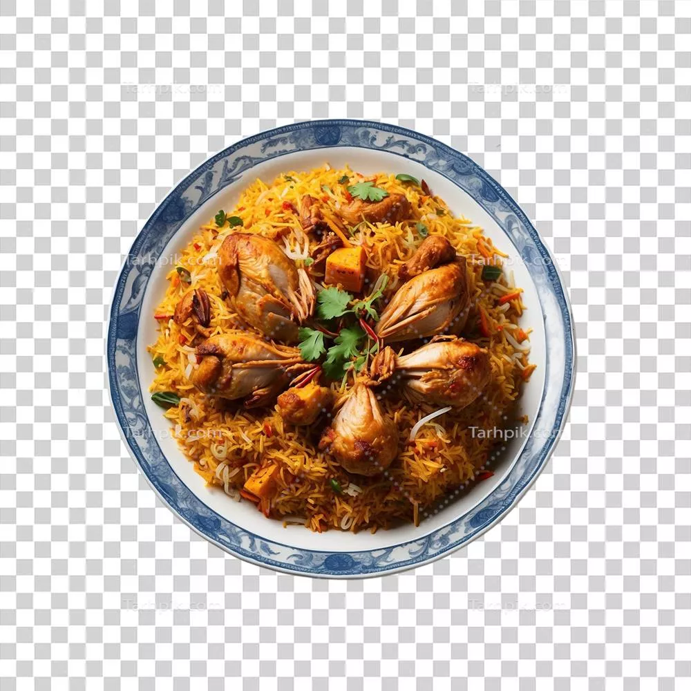 عکس دوربری عکسی جذاب از برنج بریانی مرغ در ظرف سنتی با تزئینات دلپذیر