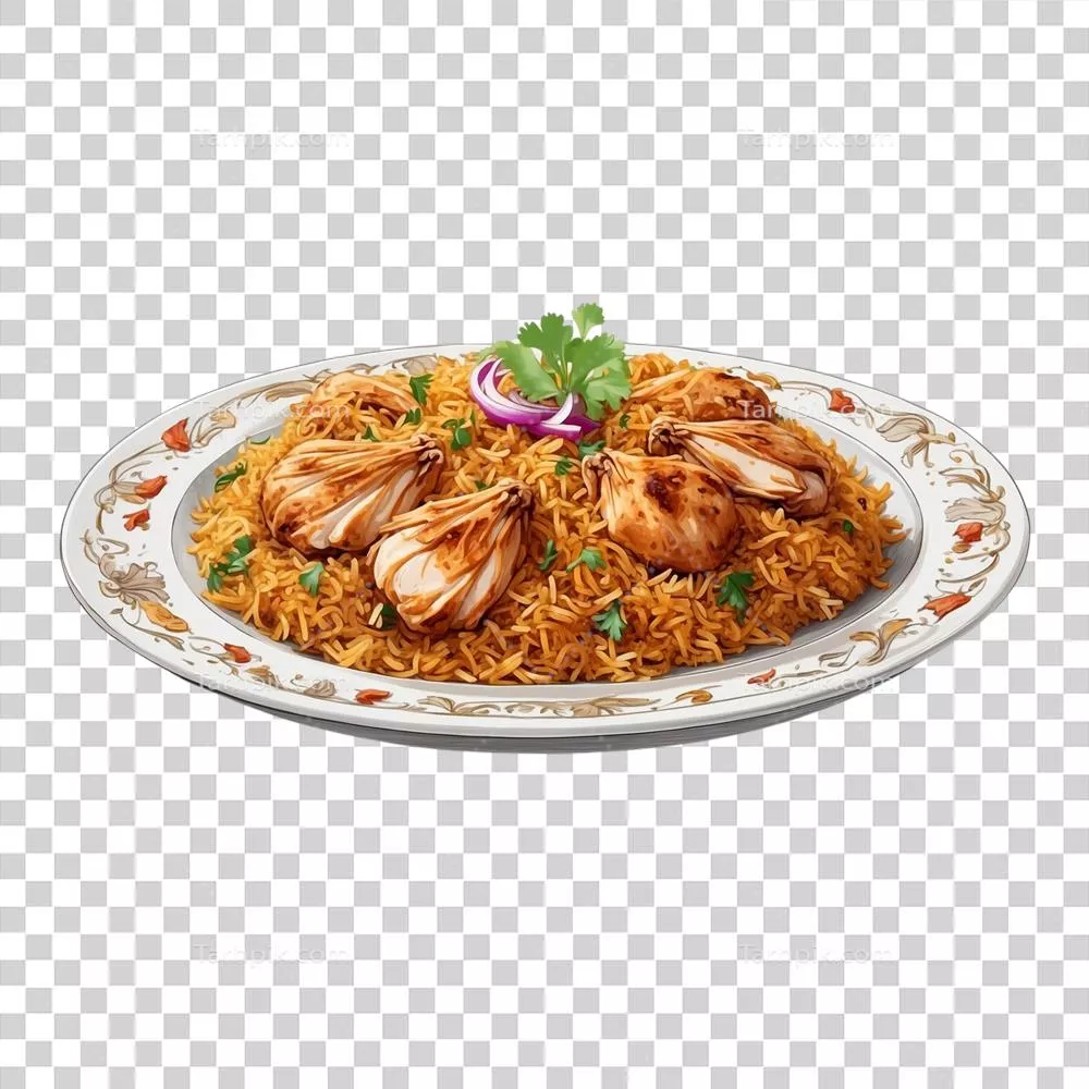 عکس دوربری تصویری زیبا از برنج بریانی مرغ در یک بشقاب سفید و تمیز