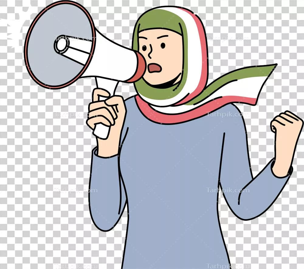 عکس دوربری زنی با حجاب در حال فریاد زدن با بلندگو و پرچم ایران در دست