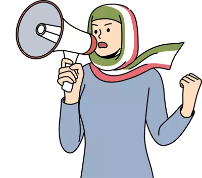عکس دوربری زنی با حجاب در حال فریاد زدن با بلندگو و پرچم ایران در دست